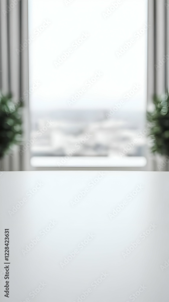 Poster empty white table top with blurred city view background and plants calmly and brightly through the w