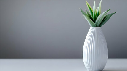Green Plant in a White Ribbed Vase Sits on a White Table Against a Gray Wall