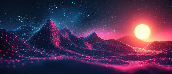 A vibrant landscape with abstract geometric shapes, featuring dynamic mountains and glowing sun