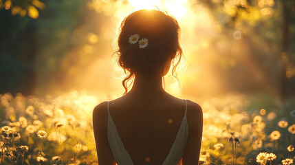 A female silhouette in a forest symbolizing the journey to recovery and self-discovery with a bright minimalistic tone and blurred background, empty caption space for message placement

