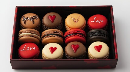 Colorful macaroons in a box on a white background.
