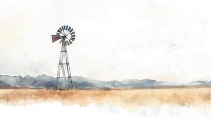 Rustic Windmill in Serene Landscape with Soft Watercolor Effect