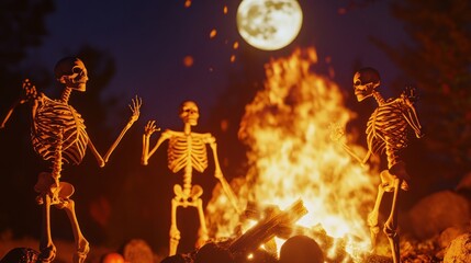 Skeletons Dancing Around a Campfire Under a Full Moon