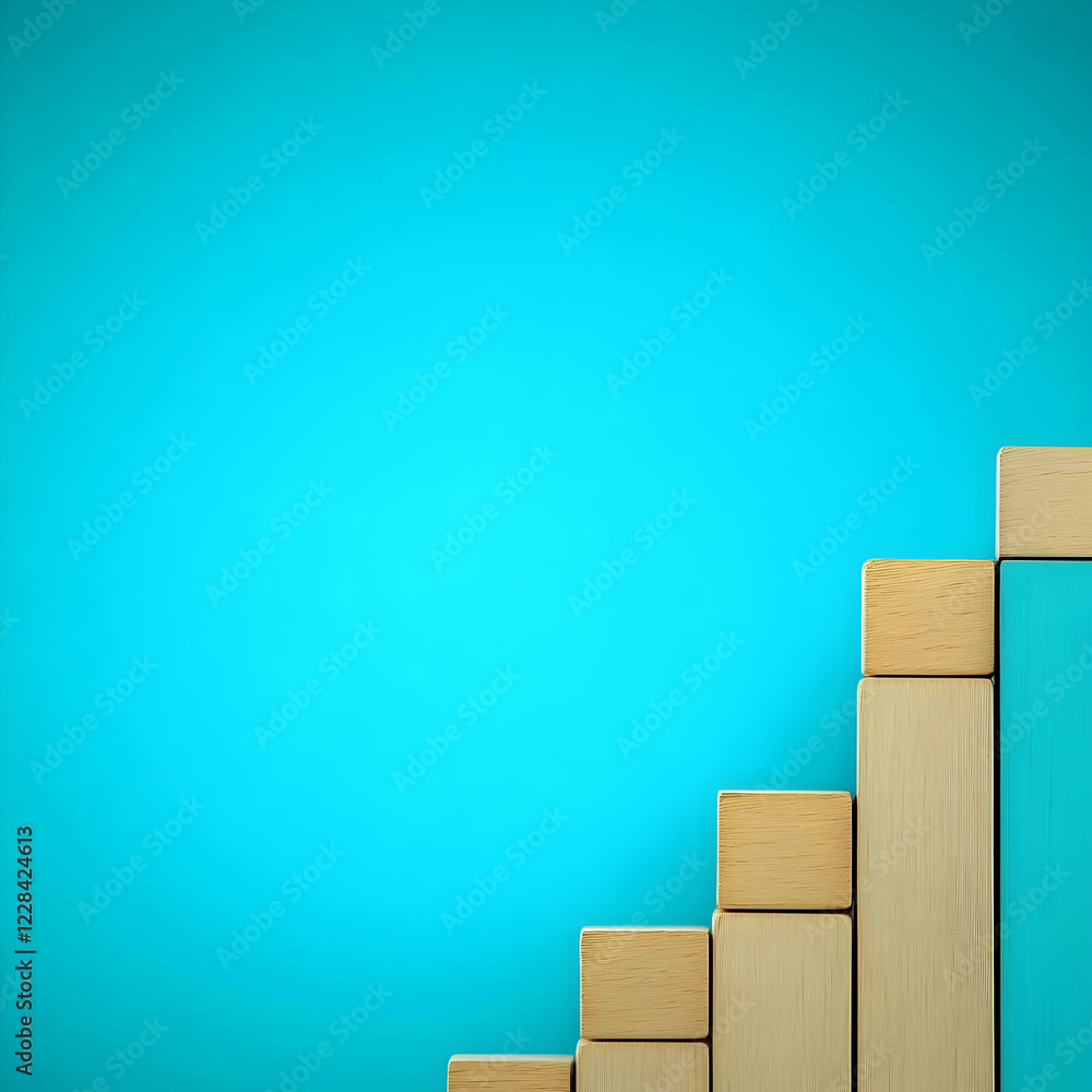 Poster wooden blocks form an ascending staircase against a vibrant turquoise backdrop with smooth texture a