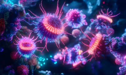 Glowing microbes cluster, vibrant background, digital art, science