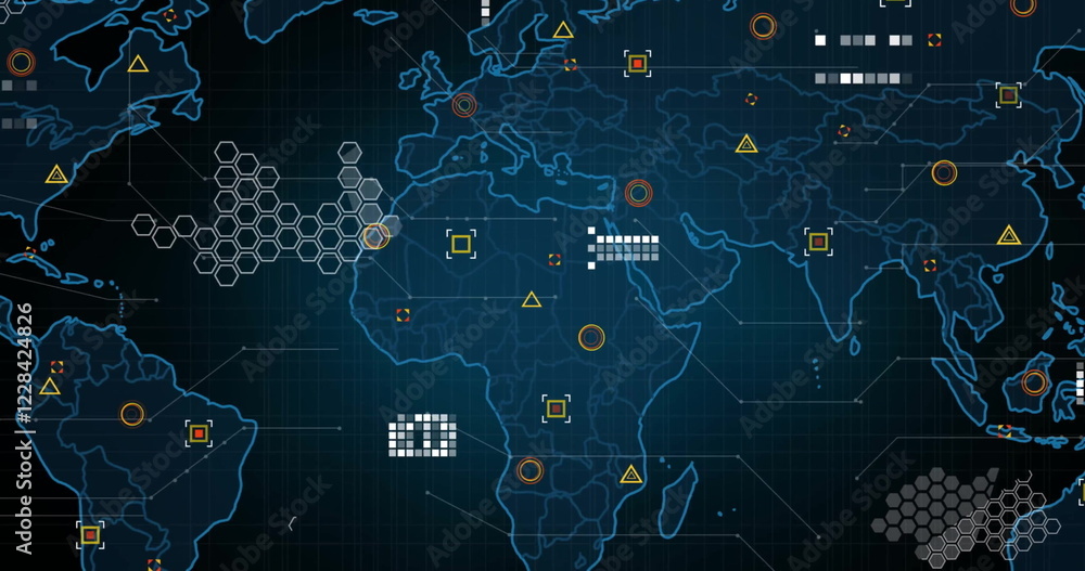 Poster image of world map and network of connections on black background