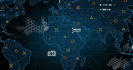 Image of world map and network of connections on black background