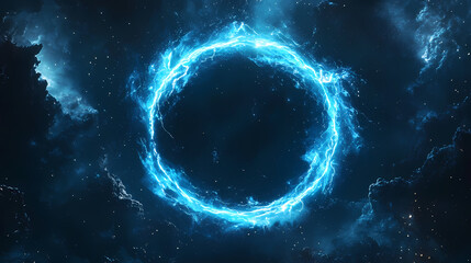 Electric blue circular lightning on a dark background illuminating the surrounding space. Thunder Arch. Illustration