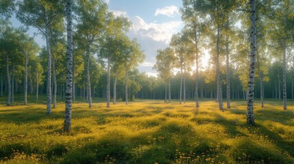 Fototapeta premium Sunlight Through a Birch Forest in Summer with Meadow Flowers and White Bark Trees