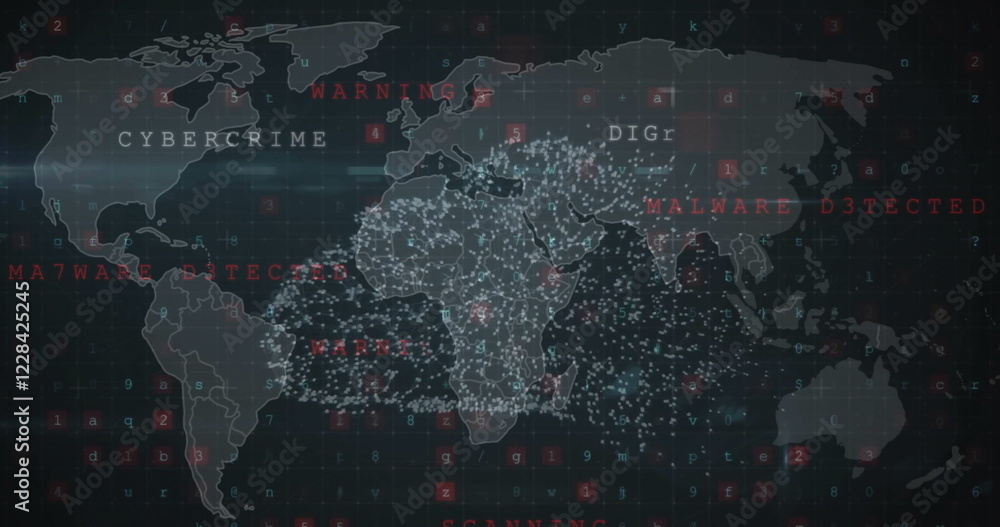 Poster image of digital data processing and world map over dark background