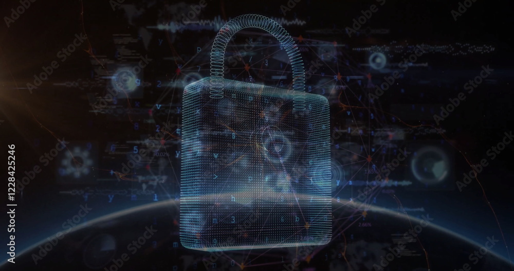 Aufkleber image of padlock, digital data processing and globe over dark background