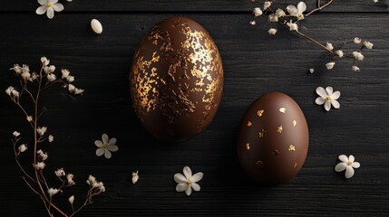 Obraz premium A big chocolate egg next to a smaller one, styled on a dark wooden background with golden foil and delicate Easter decorations.