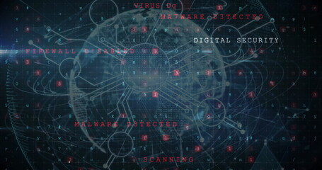 Fototapeta premium Image of text, digital data processing and globe over dark background
