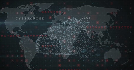 Image of digital data processing and world map over dark background