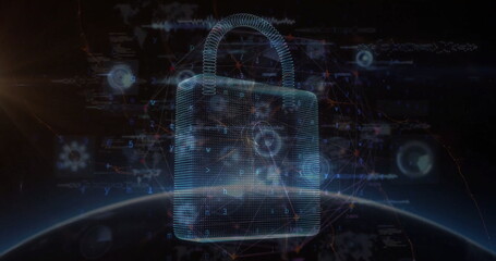 Image of padlock, digital data processing and globe over dark background