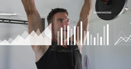 Image of data processing over caucasian man lifting barbell at gym