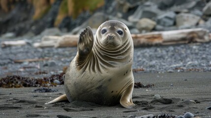 Fototapeta premium Young seal concept smiling and waving