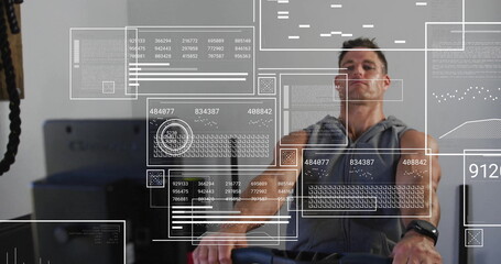 Image of data processing over caucasian man using indoor rower at gym © vectorfusionart