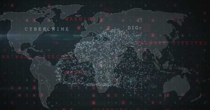 Image of digital data processing and world map over dark background - Powered by Adobe