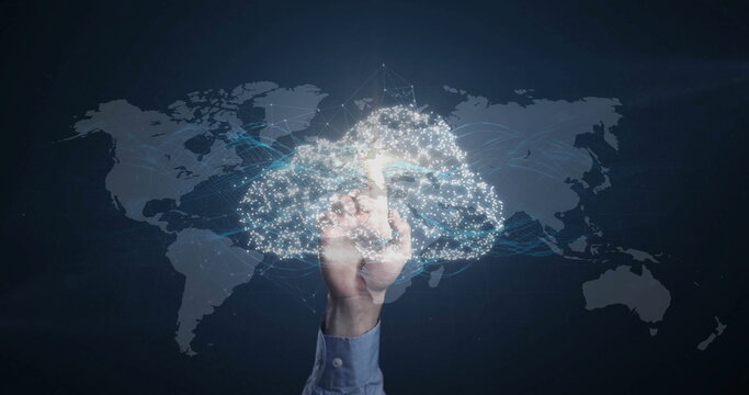 Image of data processing and world map over dark background
