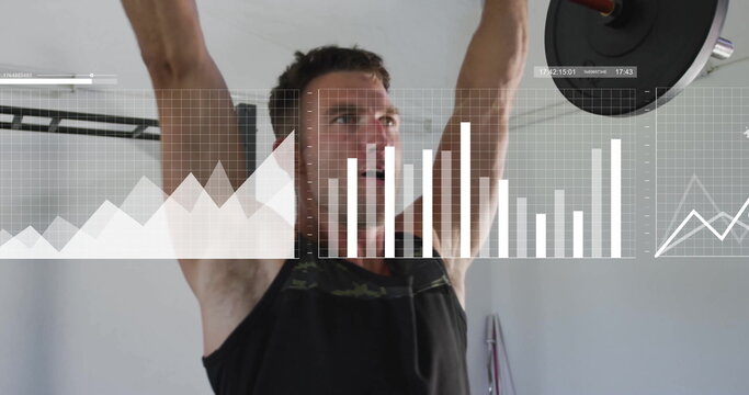 Image of data processing over caucasian man lifting barbell at gym