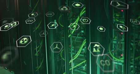Image of ecology icons over server room