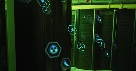Image of ecology icons over server room