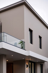 Modern House Exterior: Minimalist Design and Contemporary Architecture. A stunning showcase of clean lines, geometric shapes, and a sleek balcony.