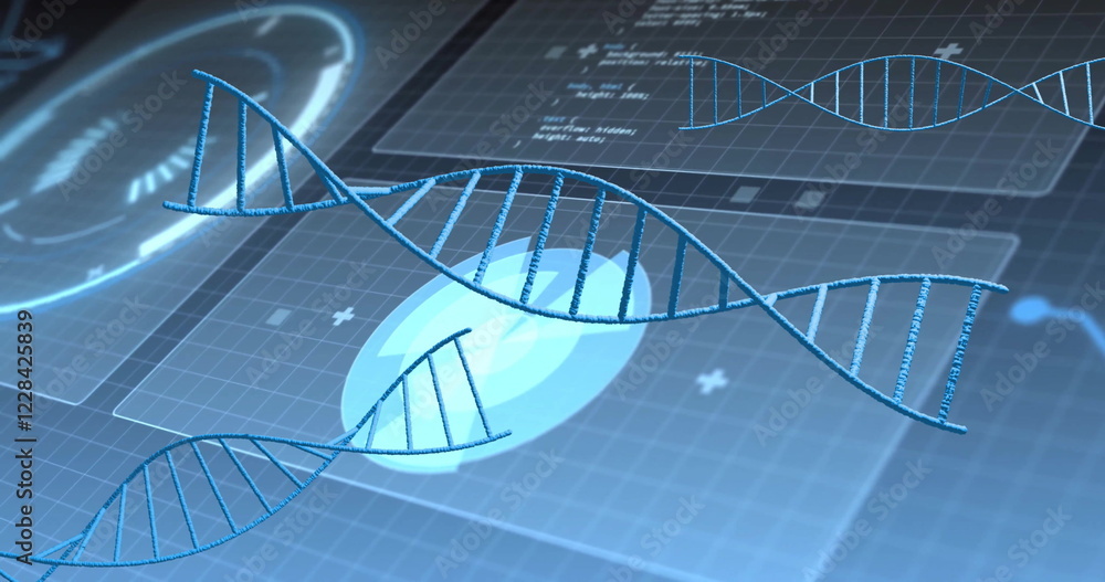 Poster image of dna strands over diagrams and data processing