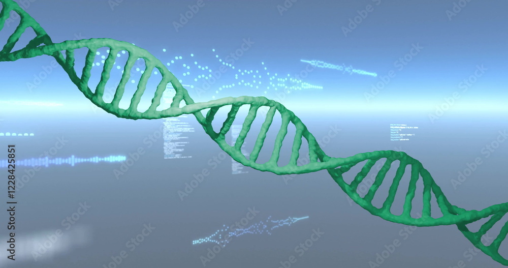 Poster image of dna strand over diagrams and data processing