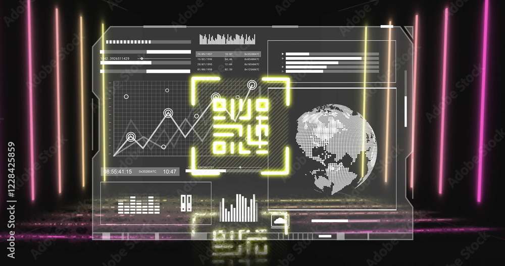 Poster image of qr code and data processing over neon lines
