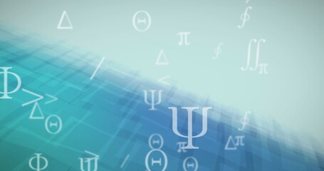 Image of mathematical symbols over blue shapes