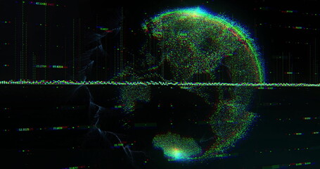 Image of data processing and globe on black background