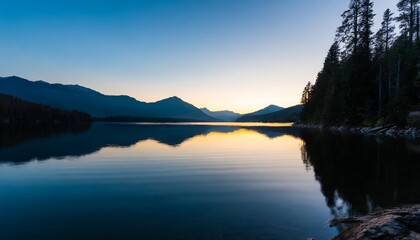 Fototapeta premium A stunning sunset over a calm lake with silhouettes of trees and mountains reflecting on the water.