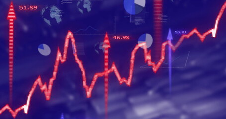 Image of financial data processing and arrows over blue background