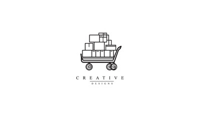 Trolley handcart with cardboard boxes filled outline icon black logo white background