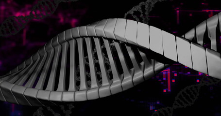 Image of dna strands over diagrams and data processing