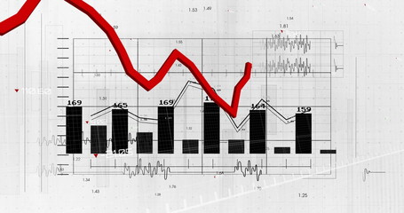 Obraz premium Image of red line and financial data processing over statistics