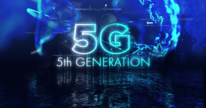 Image of 5g 5th generation text and digital data processing and connections over globe
