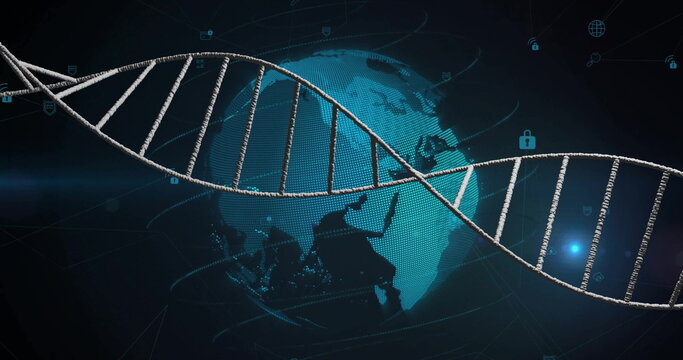 Image of dna strand over globeand data processing