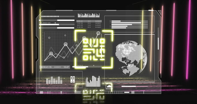 Image of qr code and data processing over neon lines