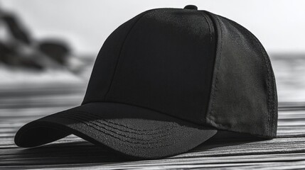 Black Trucker Hat with Mesh Back on Wooden Surface