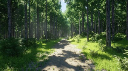 Serene forest path surrounded by lush greenery and sunlight filtering through trees