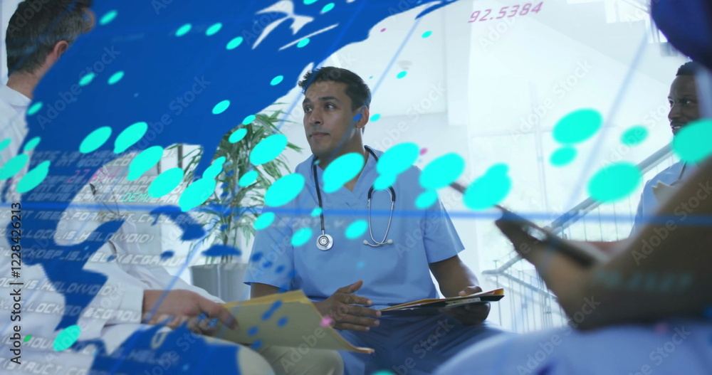 Aufkleber image of data processing and world map over diverse doctors talking