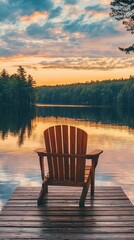 Naklejka premium Serene Wooden Chair Overlooking Calm Lake at Sunset in Nature