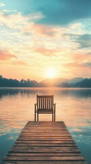 Naklejka premium Tranquil Sunrise Over Calm Lake with a Lonely Wooden Chair