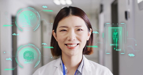 Image of science data over asian female doctor smiling