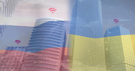 Image of flag of russia and ukraine over network of connections with wifi icons and cityscape