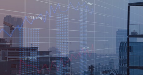 Image of diagrams and data processing over cityscape