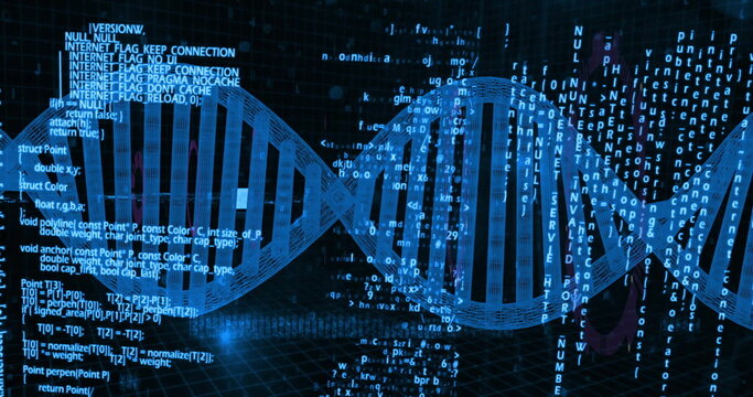 Image of dna strand over data processing